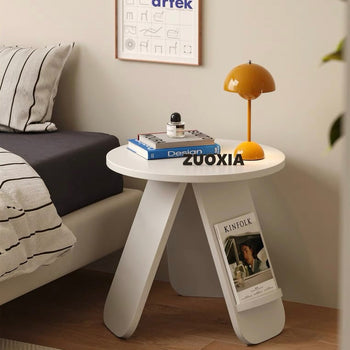 White Compact Round Side Table with Storage Magazine Rack and Coffee Table