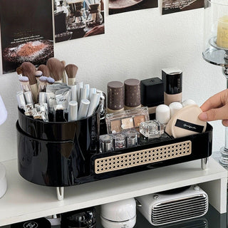 degree rotating brush stand with woven-style cosmetic storage tray