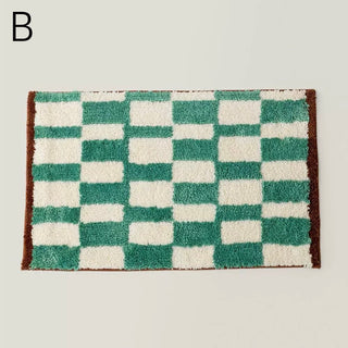 Blue Green Checkerboard Pattern Door Mat 50x80cm Absorbent Non-Slip Tufted