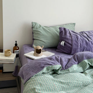 Green Purple Pin Stripe Cotton Fleece Winter Duvet Cover Set