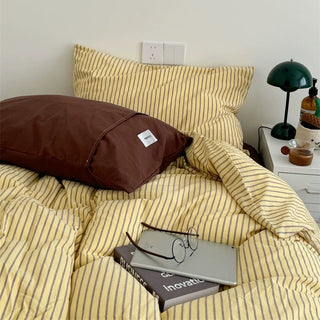 Yellow Brown Pin Stripe Cotton Duvet Cover Set 2 Sizes  All Seasons