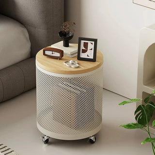Wheeled Wood Lid Storage Round Side Table
