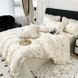 Cooling Ribbon Pattern Frill Ivory Duvet Cover Set Bed Cover Cool Touch