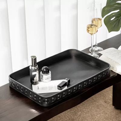 Braided Geometric Pattern Leather Rectangular Large Tray  Storage Cafe Tray