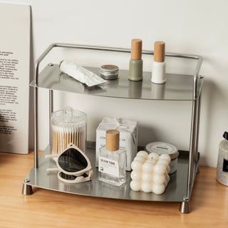 Stainless steel silver storage two-tier display rack for cosmetics and perfumes.
