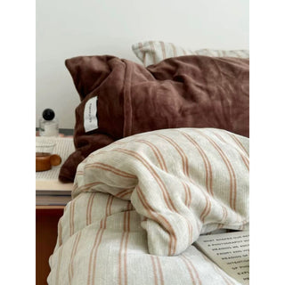 Beige Brown Double Stripe Milk Velvet Winter Duvet Cover Set