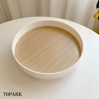 Wood grain print round accessory trayin  small item holder.