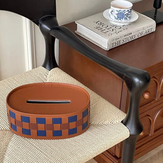 Oval-shaped woven faux leather tissue case