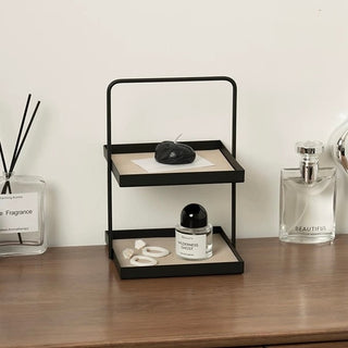 Handled Iron Leather Square Two-Tier Tray  Storage Rack Display