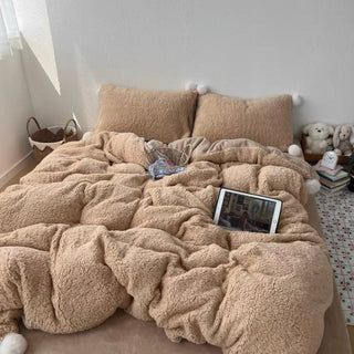 Brown Pom-pom Milk Velvet Winter Thick Duvet Cover Set