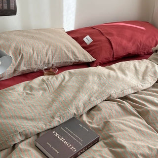 Red Beige Pin Stripe Cotton Duvet Cover Set 2 Sizes  All Seasons