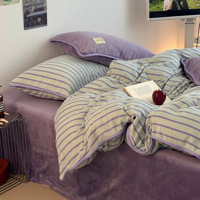 Purple Stripe Piping Thick Milk Fleece Winter Duvet Cover Set