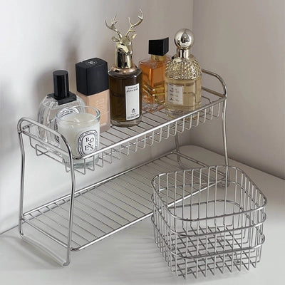Stainless steel silver two-tier cosmetic storage multi-rack bathroom vanity perfume storage