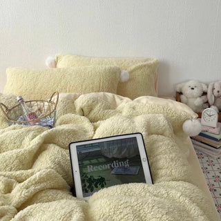 Yellow Pom-Pom Milk Velvet Winter Thick Duvet Cover Set