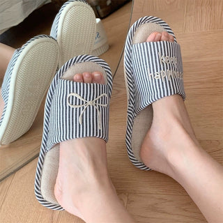 Ribbon embroidered striped linen room shoes  3 sizes indoor slippers.