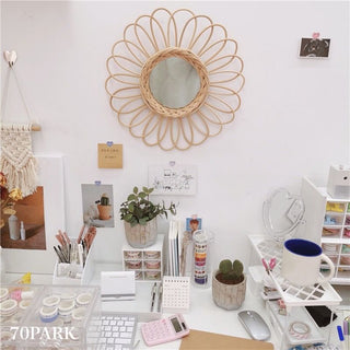 Flower & Sun Motif Rattan Mirror