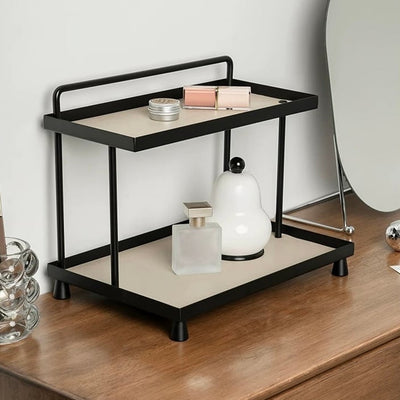 Top handle included. Iron and leather black frame storage tray two-tiered rack. Display rack.