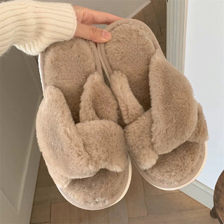 Cross Faux Fur Fluffy Room Shoes  Indoor Slippers