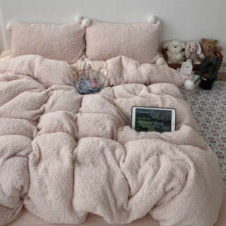 Pink Pom-Pom Milk Velvet Winter Thick Duvet Cover Set
