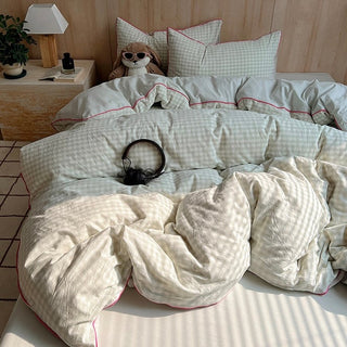 Piping Gingham Check Pattern Duvet Cover Set  Bed Cover All Season