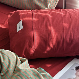 Red Beige Pin Stripe Cotton Duvet Cover Set 2 Sizes  All Seasons