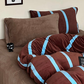 Brown Blue Wide Stripe Winter Duvet Cover Set