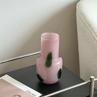 Green polka dot pink glass flower vase