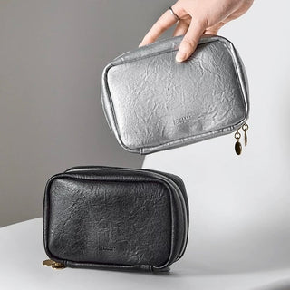 Simple Leather Rectangular Cosmetic Storage Pouch Waterproof Silver Small