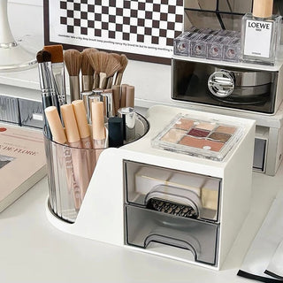 360 Degree Rotating Brush Stand with Cosmetic Storage Rack