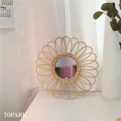 Flower & Sun Motif Rattan Mirror