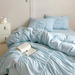 Color Gathered Romantic Ribbon Duvet Cover Set  All Seasons