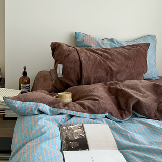 Blue Brown Pin Stripe Cotton Fleece Winter Duvet Cover Set
