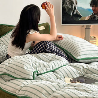 Green stripe piping thick milk fleece winter duvet cover set 2 sizes