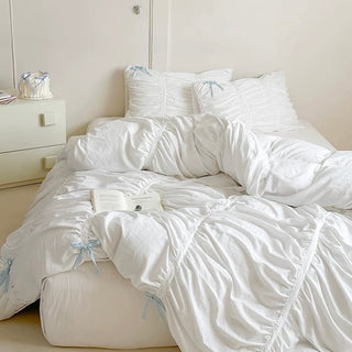 White Gathered Romantic Ribbon Duvet Cover Set  All Seasons