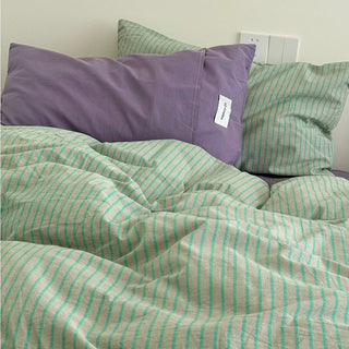 Green Purple Pin Stripe Cotton Duvet Cover Set 2 Sizes  All Seasons