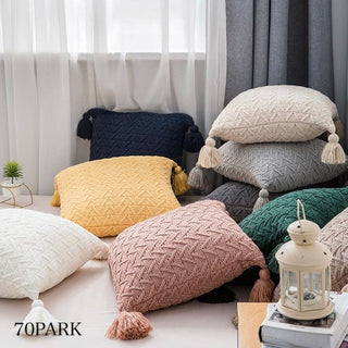 Cable Knit Cushion Cover with Tassels