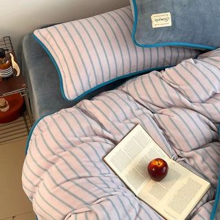 Blue Stripe Piping Thick Milk Fleece Winter Duvet Cover Set