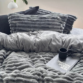 Faux Fur Striped Gray Winter Duvet Cover Set