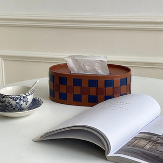 Oval-shaped woven faux leather tissue case