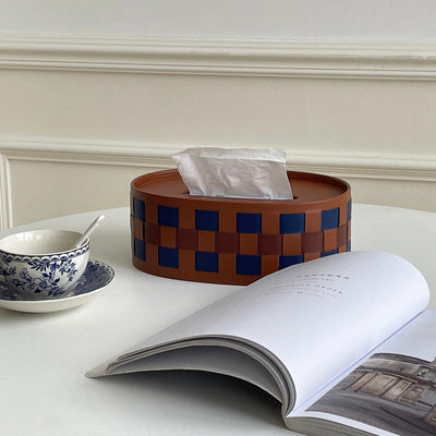 Oval-shaped woven faux leather tissue case