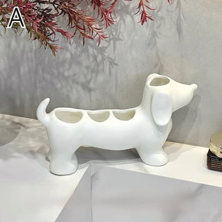 Dachshund motif ceramic toothbrush holder dog-themed storage bathroom sink.