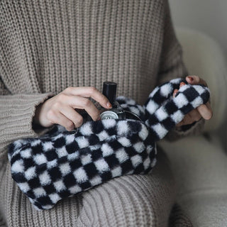 Checkerboard pattern faux fur pouch cosmetic storage bag