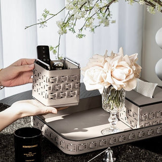 Braided Geometric Pattern Leather Brush Stand  Storage Tray