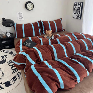 Brown Blue Wide Stripe Winter Duvet Cover Set
