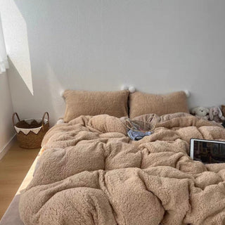 Brown Pom-pom Milk Velvet Winter Thick Duvet Cover Set
