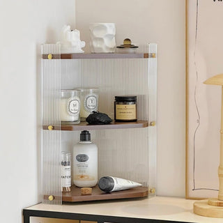Clear Acrylic Wood Grain Finish Three-Tier Storage Corner Rack   Perfect for Cosmetics and Perfumes