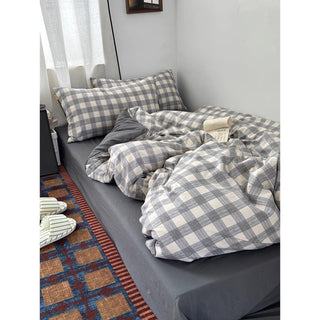 Gray Wide Check Pattern Duvet Cover Set 2 Sizes  All Seasons