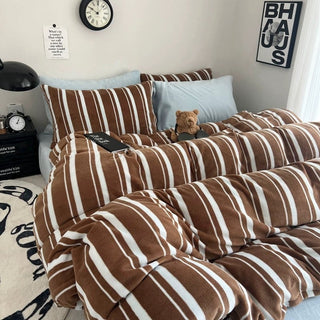 Brown Blue Multi Stripe Winter Duvet Cover Set