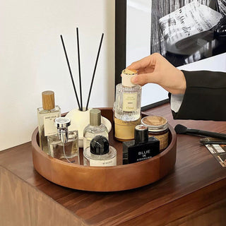 360 Degree Rotating Natural Wood Round Cosmetic Storage Tray