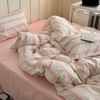 Pink Mixed Color Wide Stripe Cotton Duvet Cover Set 2 Sizes  All Seasons